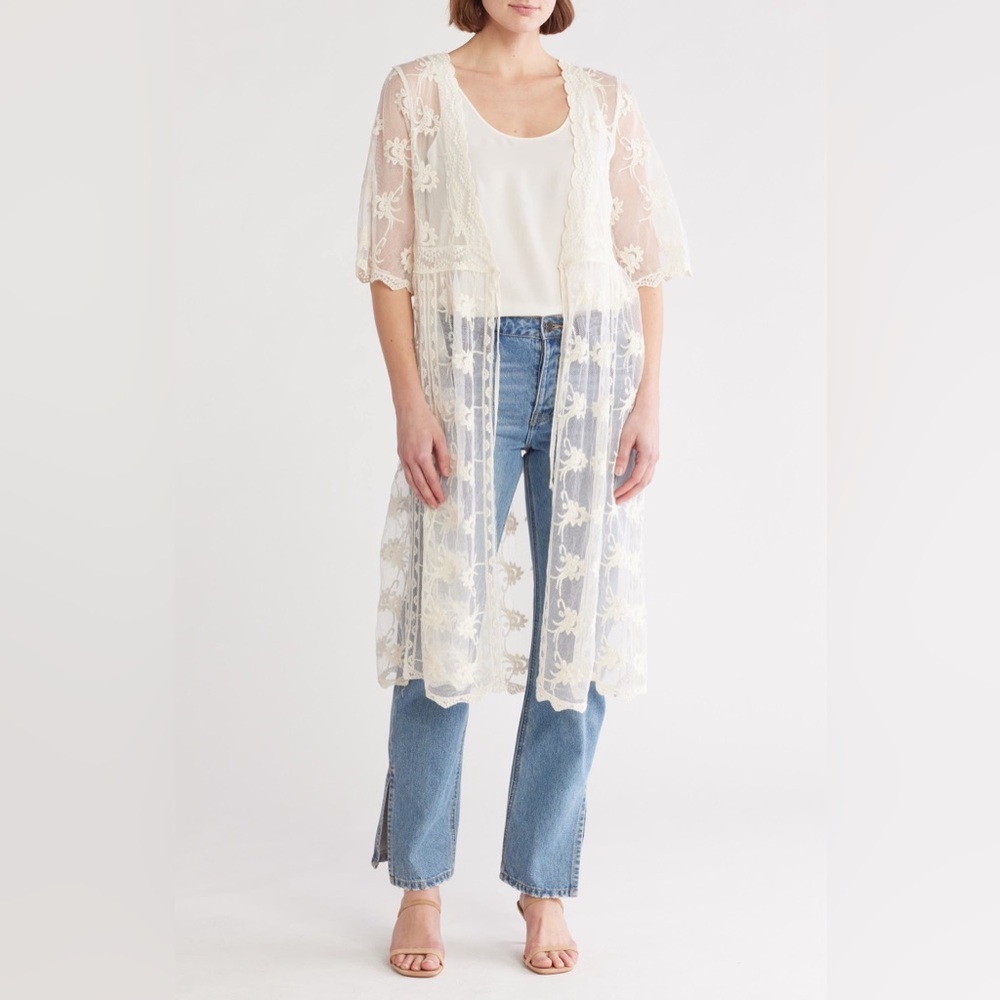 Liv Los Angeles White Floral Embroidered Mesh Midi Kimono Cover-Up Duster